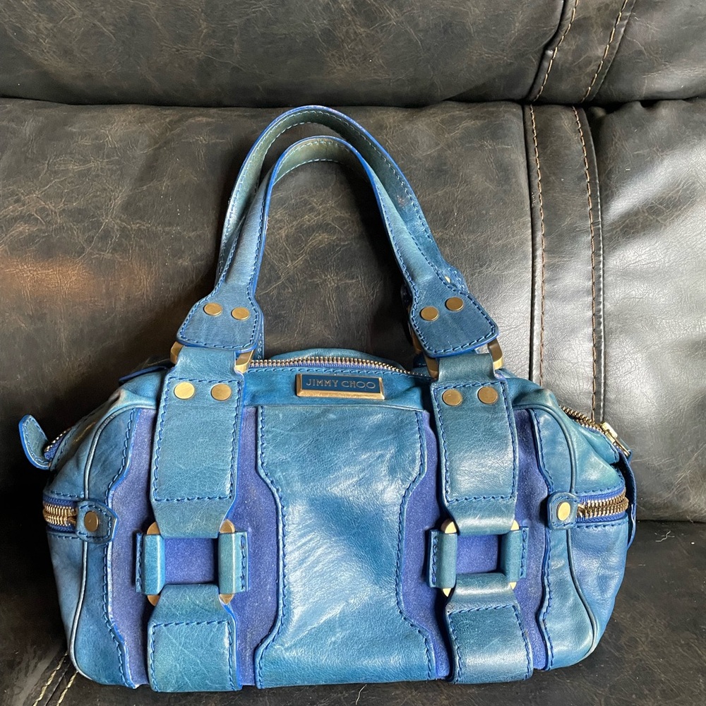 Jimmy Choo Blue Leather and Suede Shoulder Bag